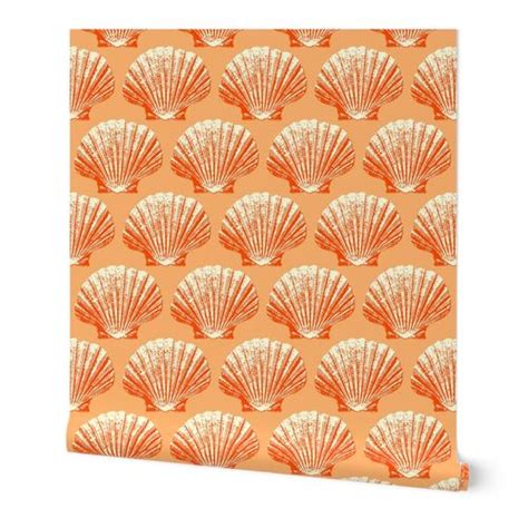 Scallops Papaya Orange Seashells Wallpaper Spoonflower