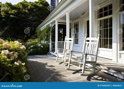 Classic Cape Cod House With Front Porch And Rocking Chairs Against