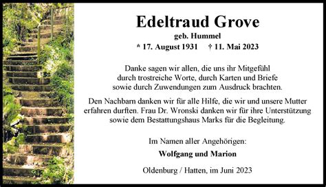 Traueranzeigen Von Edeltraud Grove Nordwest Trauer De