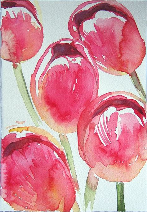 Watercolor Painting Pink Tulips In Watercolor Art Original Only