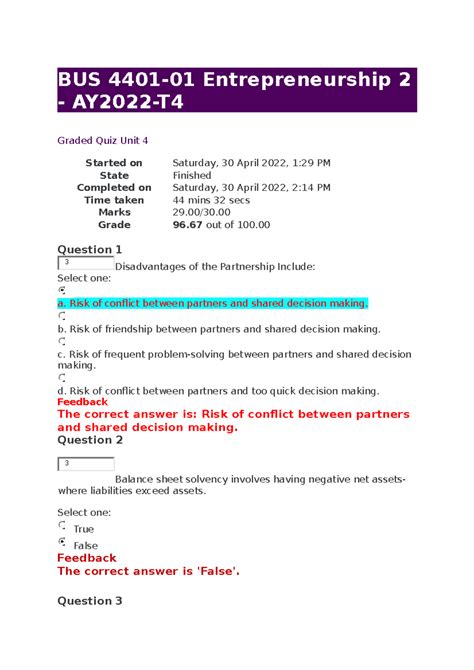 BUS 4401 Entrepreneurship 2 Graded Quiz Unit 4 BUS 4401 01