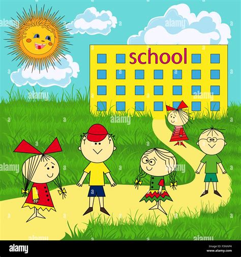 Small group of children near the school on a sunny day, hand drawing ...