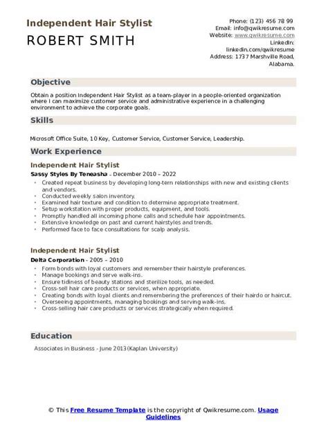 Independent Hair Stylist Resume Samples Qwikresume