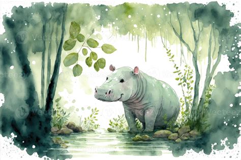 Cute Hippopotamus In The Middle Of The Forest Hippo Watercolor