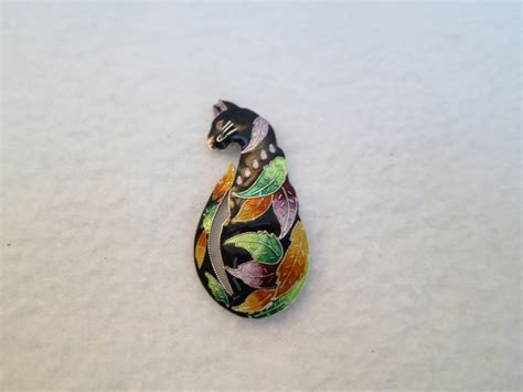 Sterling Silver Cloisonne Black Cat Decorated With Leaves Etsy Cat