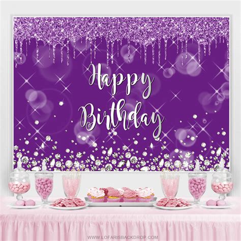 Silver Glitter Purple Blur Happy Birthday Backdrop Lofaris