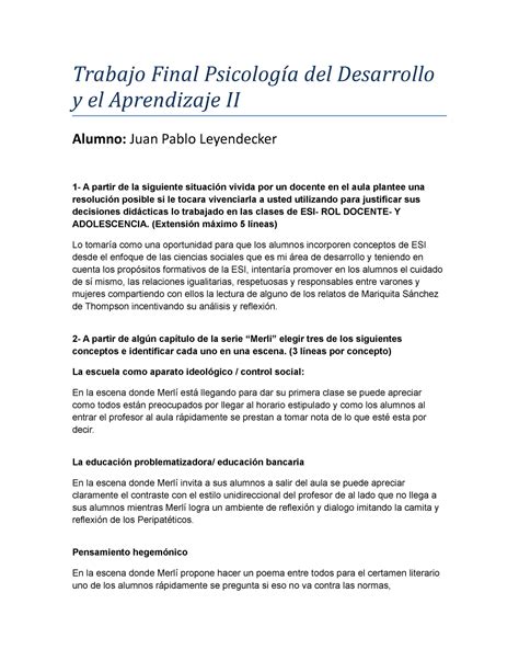 Trabajo Final Psicolog A Del Desarrollo Y El Aprendizaje Ii Trabajo