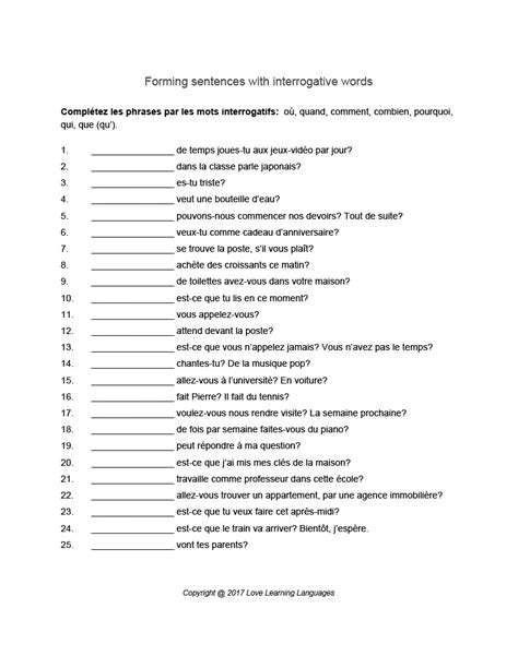 French Forming Questions With Interrogative Words Worksheet By Teach Simple