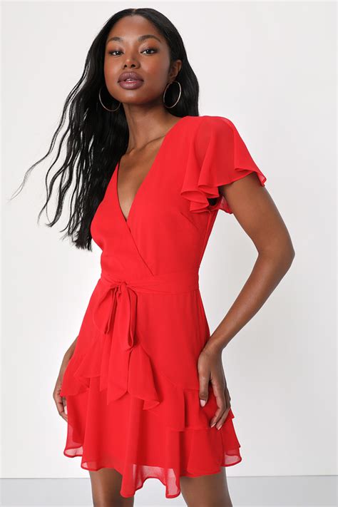 Cute Red Dress Faux Wrap Dress Red Ruffled Mini Dress Lulus