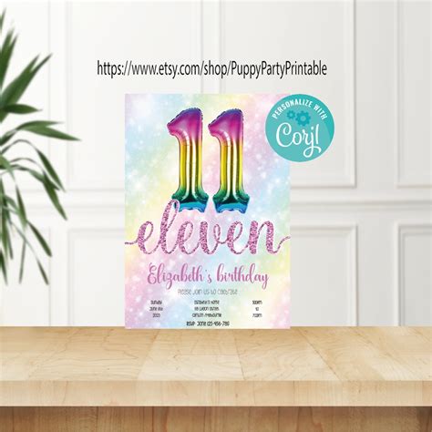 Editable 11th Birthday Invitation Glitter Birthday Party Invite Rainbow