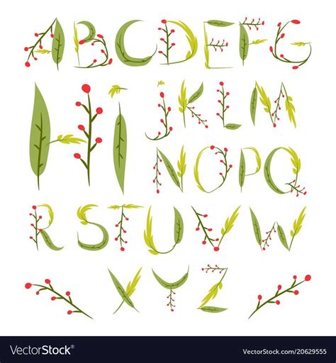 Floral Alphabet Made Of Red Berries And Leaves Hand Drawn Summer