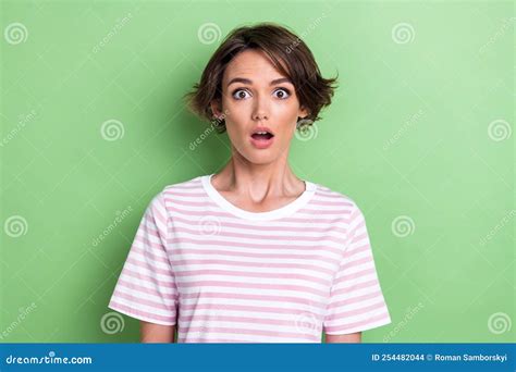 Photo Of Impressed Bob Hairdo Millennial Lady Wear White Striped T