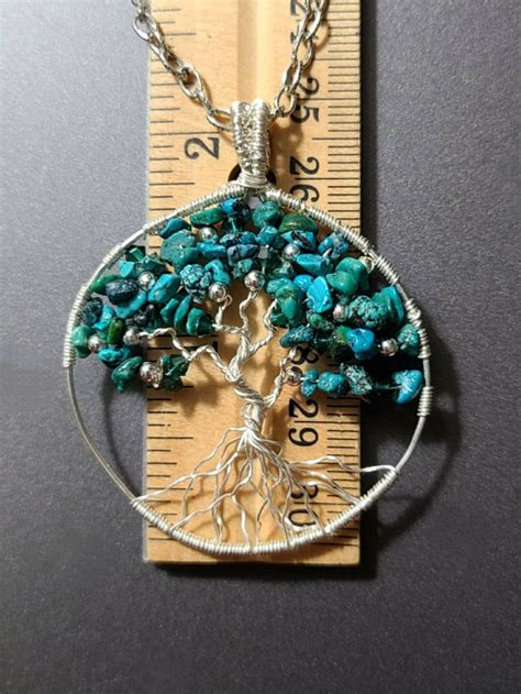 Turquoise Silver Wire Wrap Tree Of Life Round Pendant Emerald Swarovski