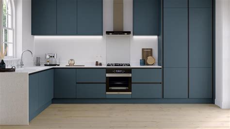 Howdens Hockley Super Matt Handleless Marine Blue Kitchen Slab Style