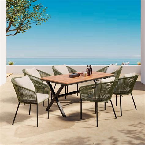 Zeus Ruta Piece Green Frame Metal Outdoor Dining Set With Beige