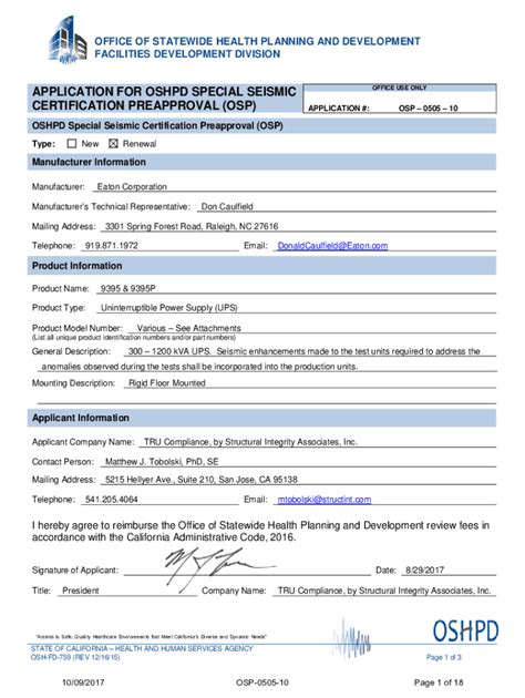 Fillable Online Oshpd Ca OSHPD Special Seismic Certification