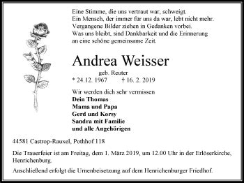 Traueranzeigen Von Andrea Weisser Trauer In Nrw De