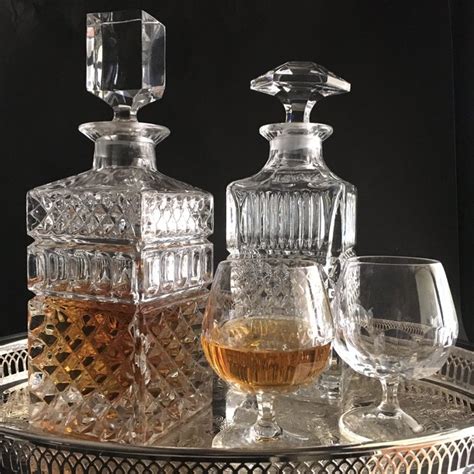 Two Vintage Whiskey Decanters Cognac Decanter Bar Set With Two Cognac Glasses Mid Century Bar