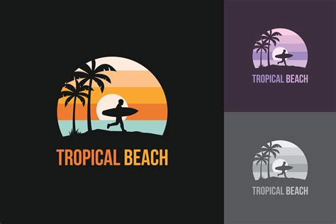 Surfing logo on tropical beach island with silhouette of man carrying ...