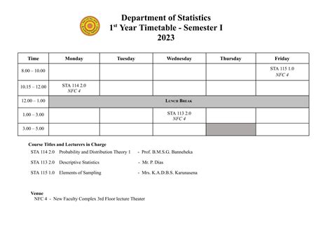 Semester I Timetable Department Of Statistics