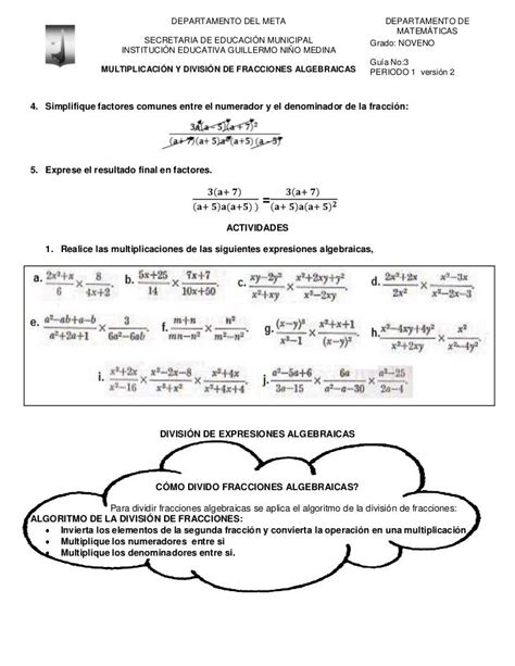 Guía Multiplicación Y División De Fracciones Algebraicas