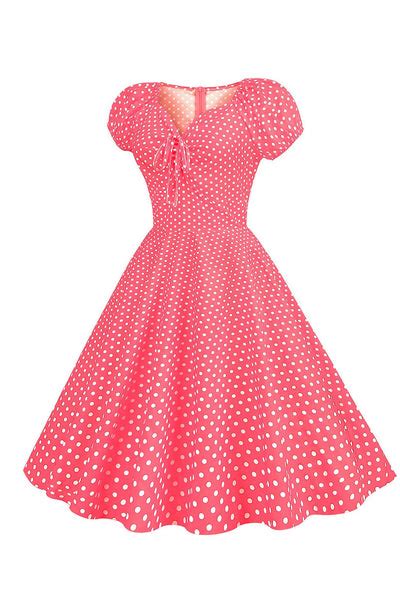 Zapaka Women Pink Red Polka Dots 1950s Dress Puff Sleeves Drawstring V