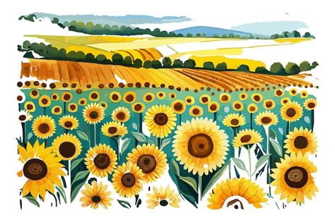 Une Aquarelle De Tournesols Dans Un Champ Vecteur Premium