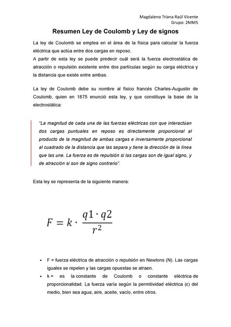 Resumenes E Investigacion Grupo 2MM Resumen Ley De Coulomb Y Ley De