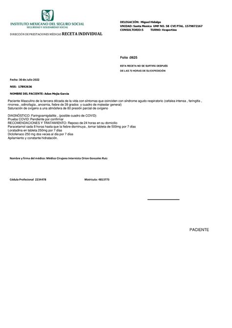Receta Imss 1 Tarea DIRECCIN DE PRESTACIONES M RECETA INDIVIDUAL