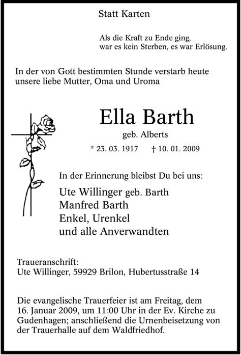 Traueranzeigen Von Ella Barth Trauer In Nrw De