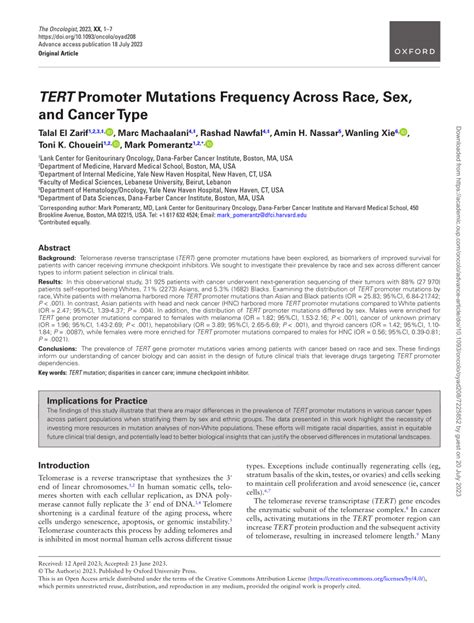 Pdf Tert Promoter Mutations Frequency Across Race Sex And Cancer Type