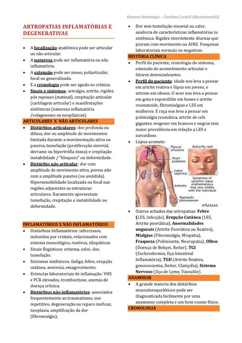 Artropatias Inflamat Rias E Degenerativas Resumo Semiologia