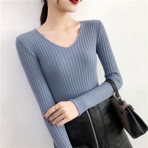 Asilah Long Sleeve V Neck Plain Knit Top Yesstyle