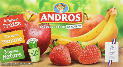 ANDROS Compotes de Fruits en Gourdes 3 Variétés Panachées 10 x 90 g