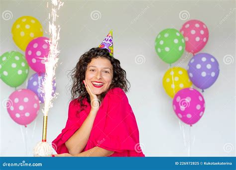 Happy Birthday Brunette Girl Posing With Balloons Fireworks Colorful