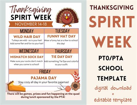 Thanksgiving Spirit Week Schedule Fall Flyer Fundraiser For Ptopta