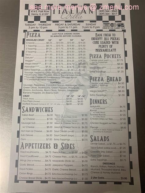 Menu at Italian Villa pizzeria, Henry