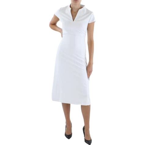 Calvin Klein Womens White Cap Sleeve Split Neck Work Midi Dress 12 BHFO