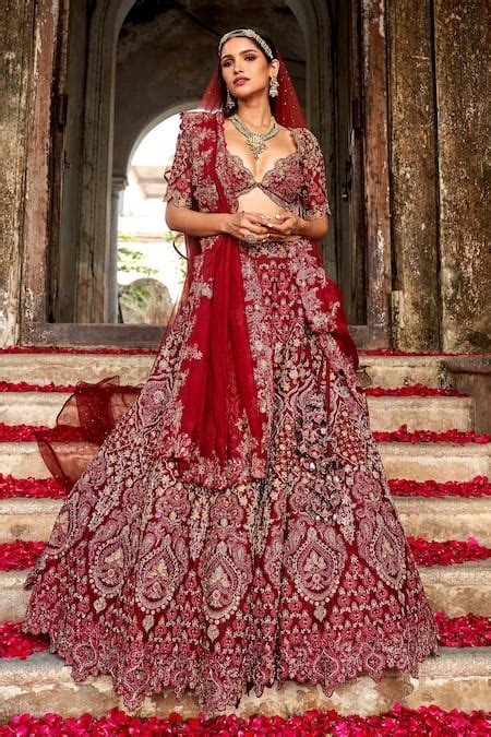 Buy Maroon Raw Silk Embroidered Zardozi Rose Dori Bridal Lehenga Set