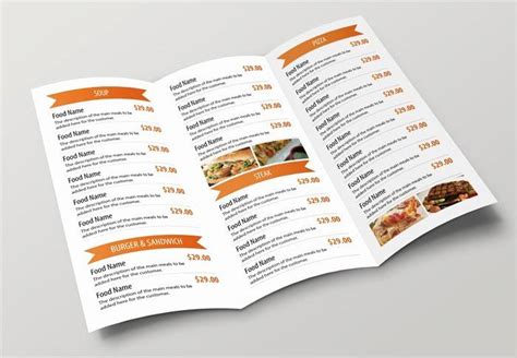 an orange and white restaurant menu is open to show the food items that are on display