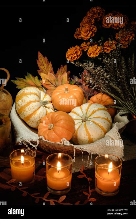 Pumpkins And Candles Still Life Stock Photo Alamy