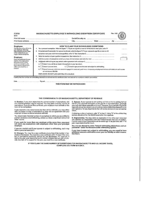 Form M 4 Massachusetts Employee S Withholding Exemption Certificate Printable Pdf Download