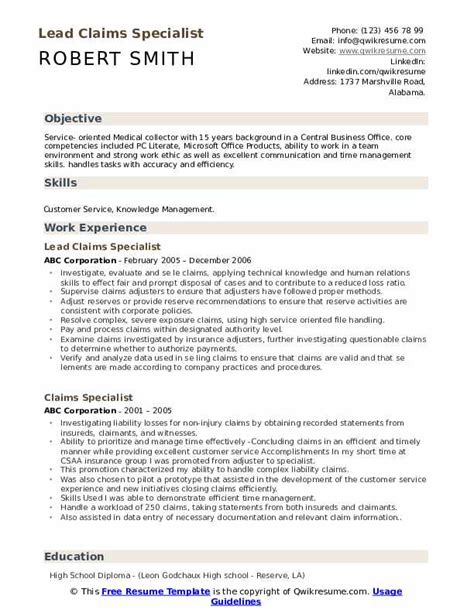 Claims Specialist Resume Samples Qwikresume