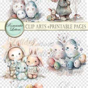 Easter Bunny Digital Clip Art Set Printable Scrapbook Paper Easter Eggs