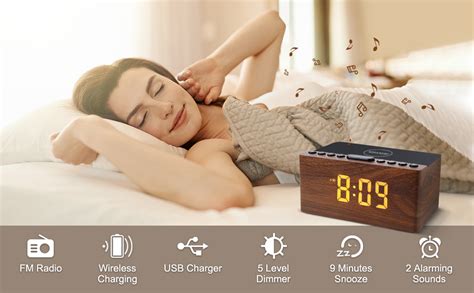 Anjank Bedside Wooden Fm Radio Alarm Clock W Super Fast Wireless