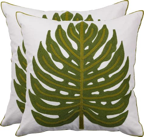 Tosleo Embroidered Throw Pillow Covers 18x18 Inch Pack Of 2 Green Tropical Leaves