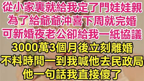 從小家裏就給我定了門娃娃親，為了給病危的爺爺沖喜下周就完婚，可新婚夜老公卻給我一紙協議！3000萬3個月後立刻離婚！不料時間一到我喊他去民政局，他一句話我當場傻了！ 琉璃故事匯 書屋