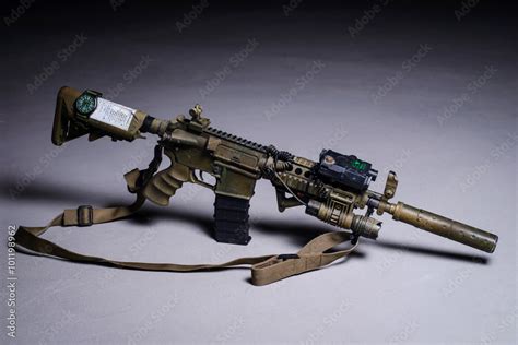 Automatic Rifle With Silencer And Laser Sight Painted Assault Automatic Rifle With Silencer