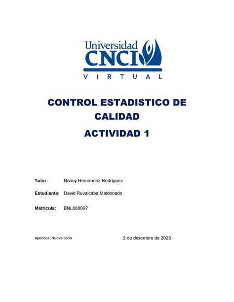 Control Estadistico De Calidad Actividad Control Estadistico De