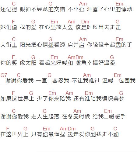 《谢谢你爱我》c调六线谱 适合零基础学吉他的曲谱 于文文的吉他谱 吉他简谱